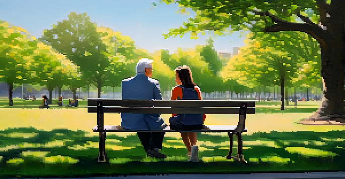 A mentor and mentee engaged in conversation on a park bench surrounded by greenery and flowers.