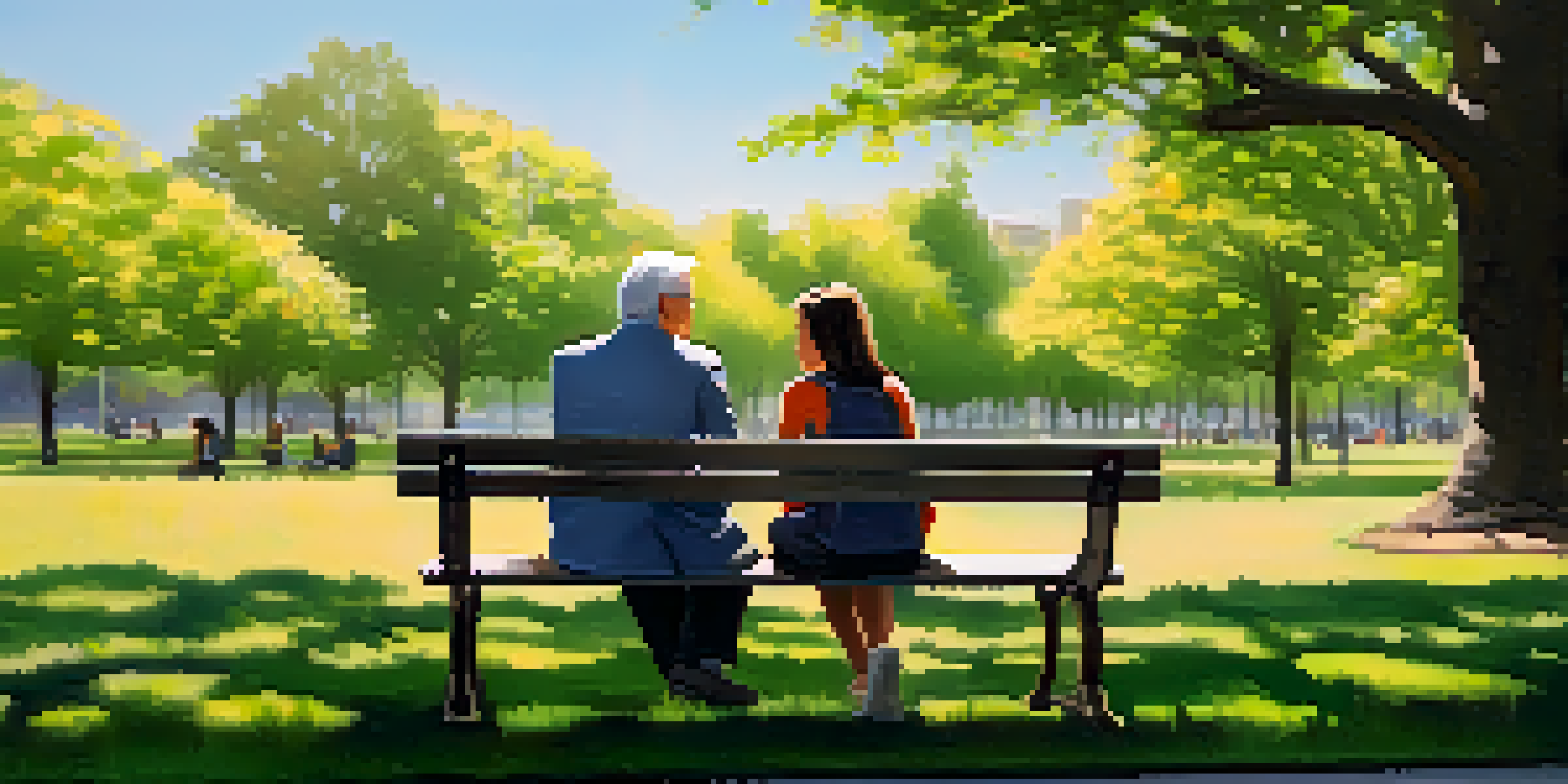 A mentor and mentee engaged in conversation on a park bench surrounded by greenery and flowers.