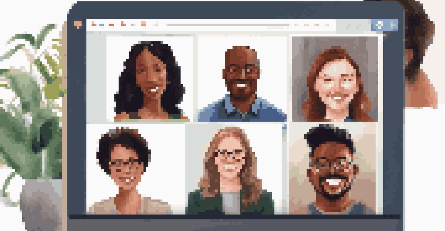A virtual team meeting with diverse colleagues on a video call, displayed on a computer screen with personalized workspace in the background.