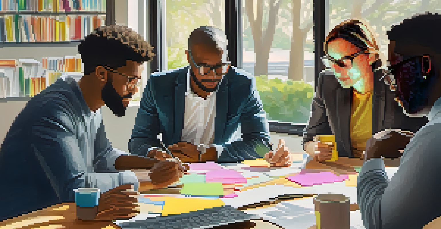 A diverse group of professionals brainstorming together at a table with sticky notes and a laptop.