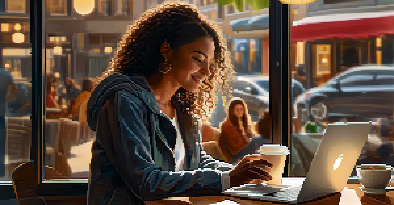A person working on their laptop in a coffee shop, connecting with others on social media, surrounded by a warm and inviting atmosphere.
