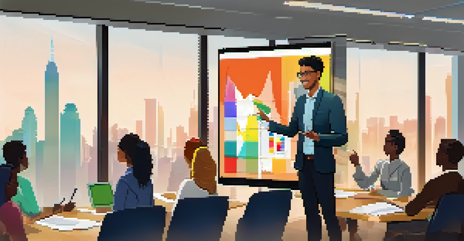 A young intern presenting a project confidently to colleagues in a bright conference room.