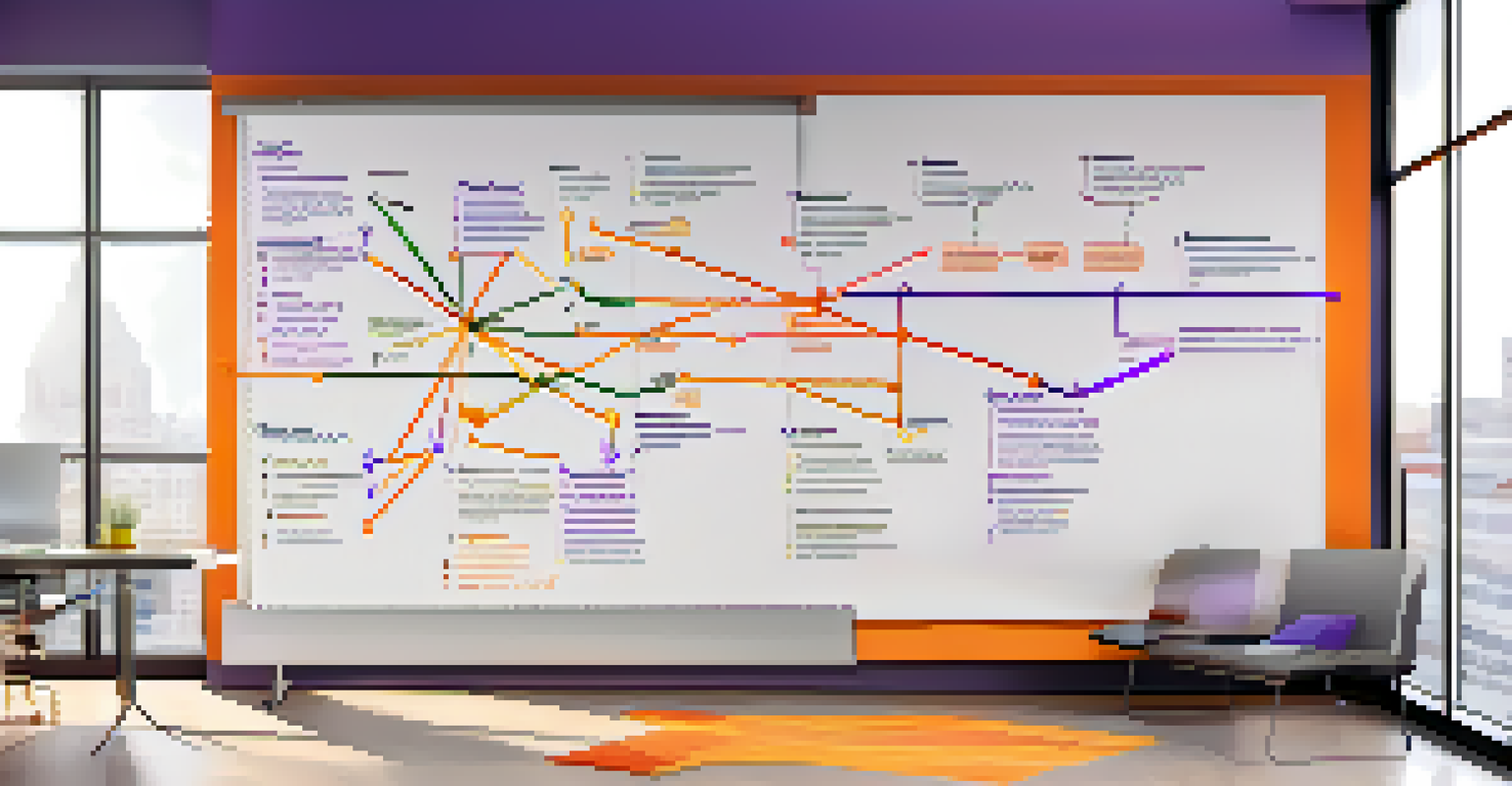 A timeline mind map on a whiteboard, showing various career goals with colorful branches and arrows indicating deadlines.
