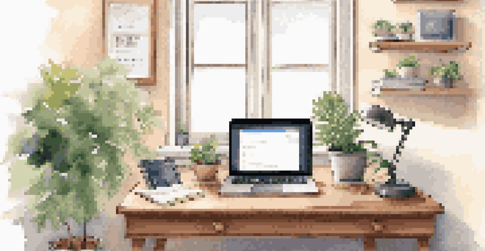 A bright and organized workspace with a laptop, a potted plant, and a motivational quote on the wall, illuminated by warm desk lamp light.