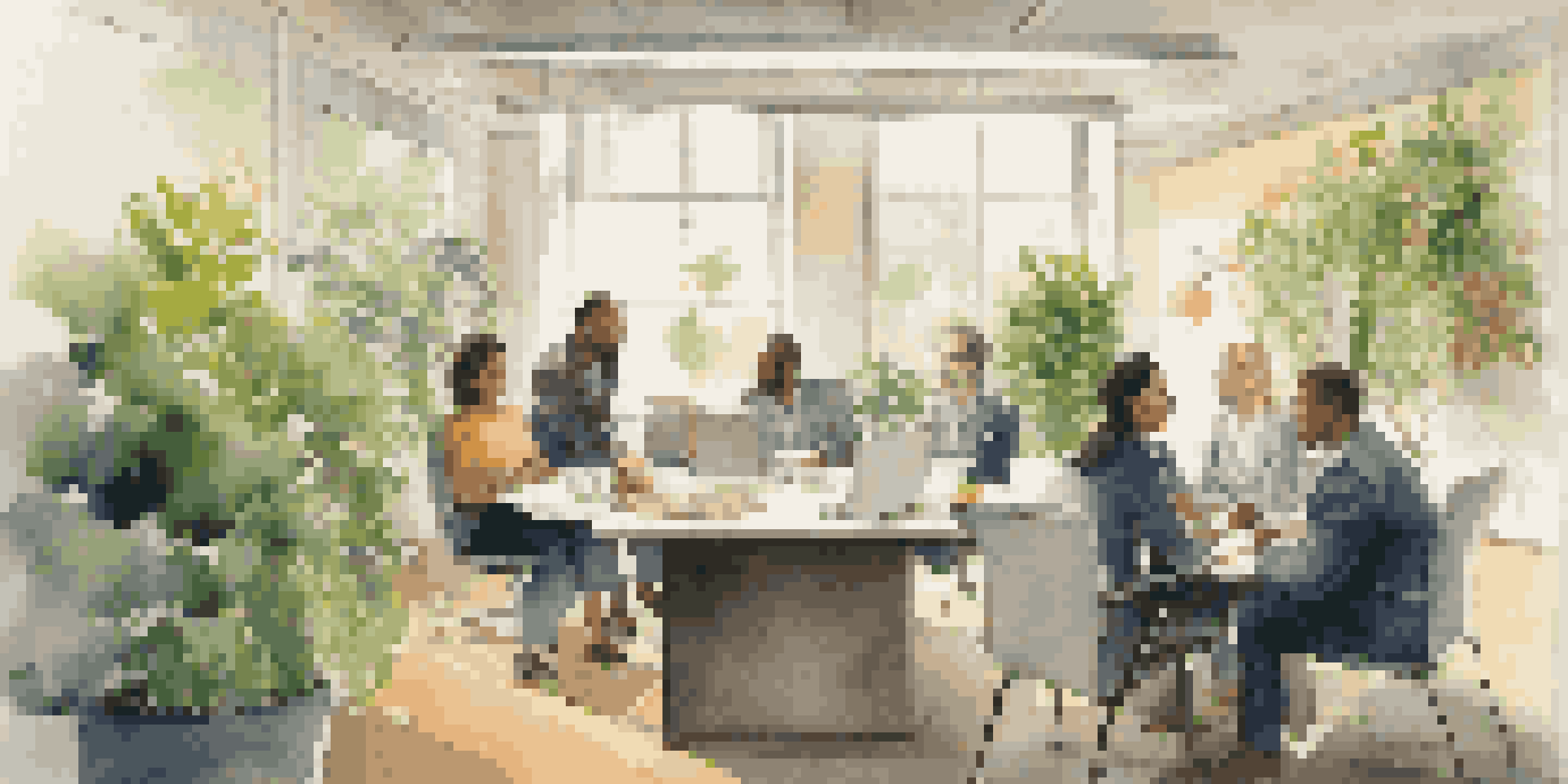 A diverse group of professionals in a modern office discussing conflict resolution, with one person facilitating and others listening attentively.