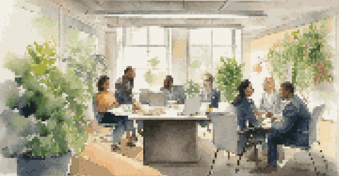 A diverse group of professionals in a modern office discussing conflict resolution, with one person facilitating and others listening attentively.