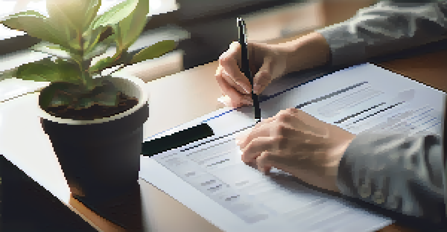 A hand holding a pen above a clipboard with a resume, set in a bright and modern office.