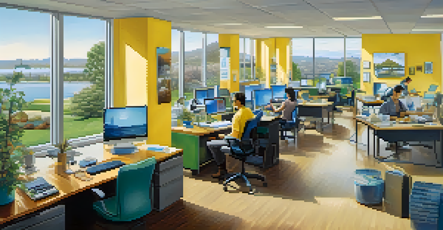 A split image showing a busy office on one side and a peaceful home environment on the other, representing work-life balance.