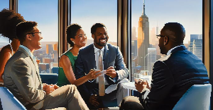A diverse group of professionals networking at a modern event with city skyline in the background.