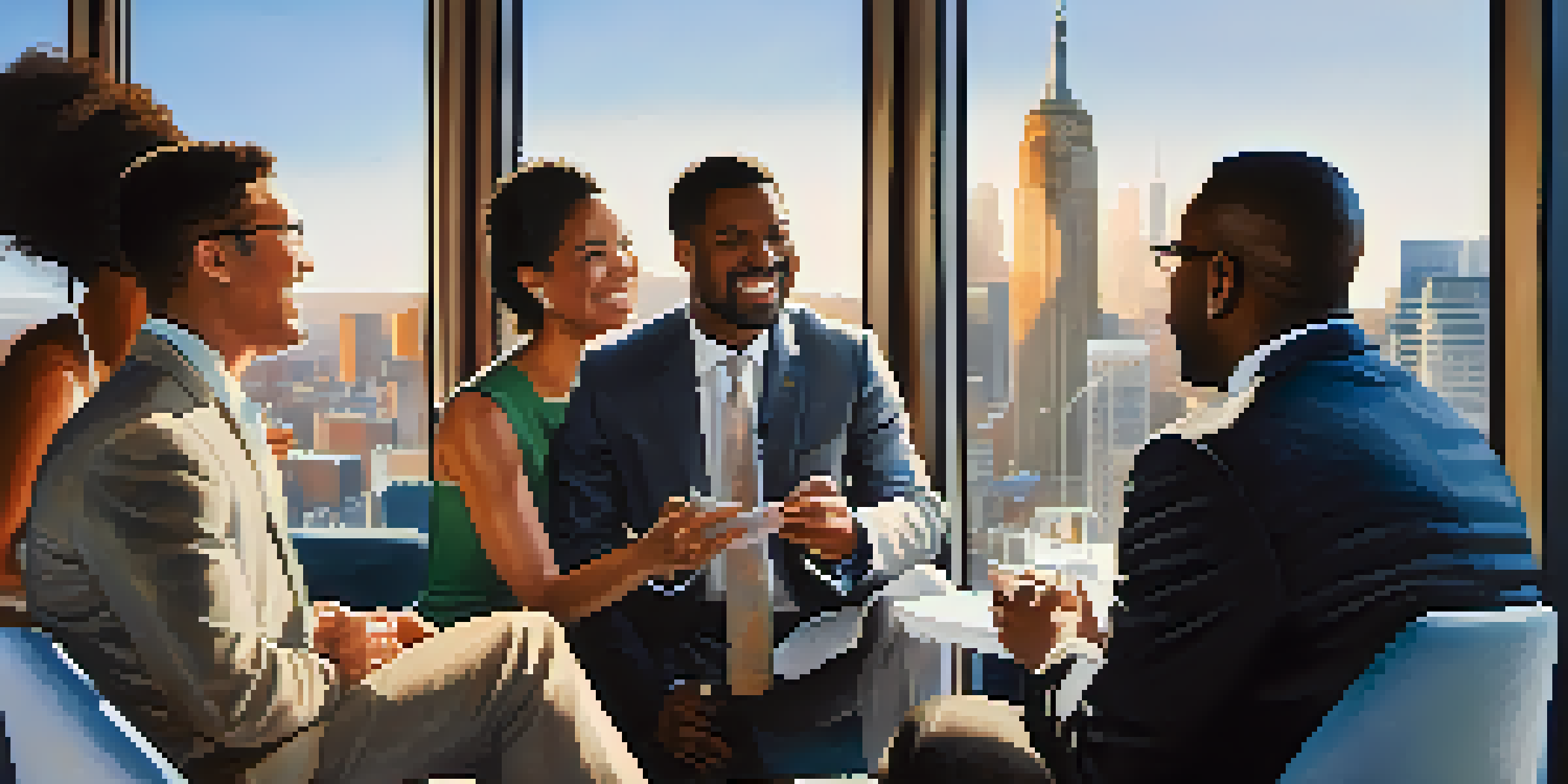 A diverse group of professionals networking at a modern event with city skyline in the background.