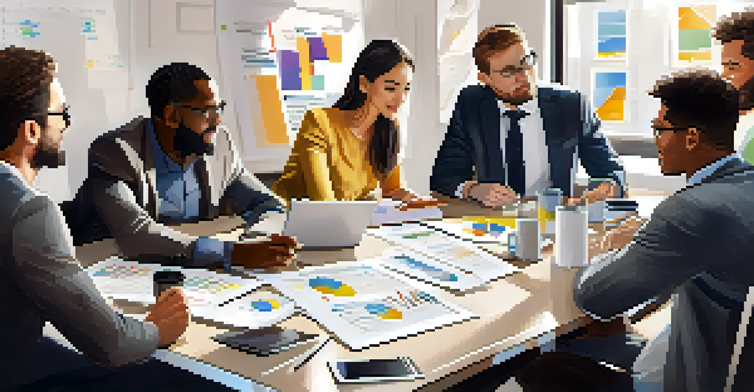 A group of diverse businesspeople discussing strategies at a table with laptops and whiteboards in a bright meeting room.