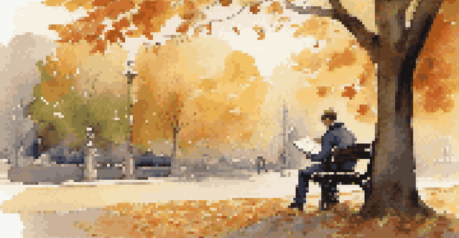 A person reading a book on a park bench surrounded by colorful autumn trees, with a sunset in the background.