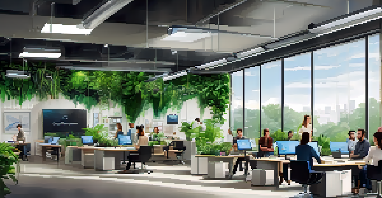 A modern office workshop with greenery and technology, where employees are engaged in learning and sharing innovative ideas.