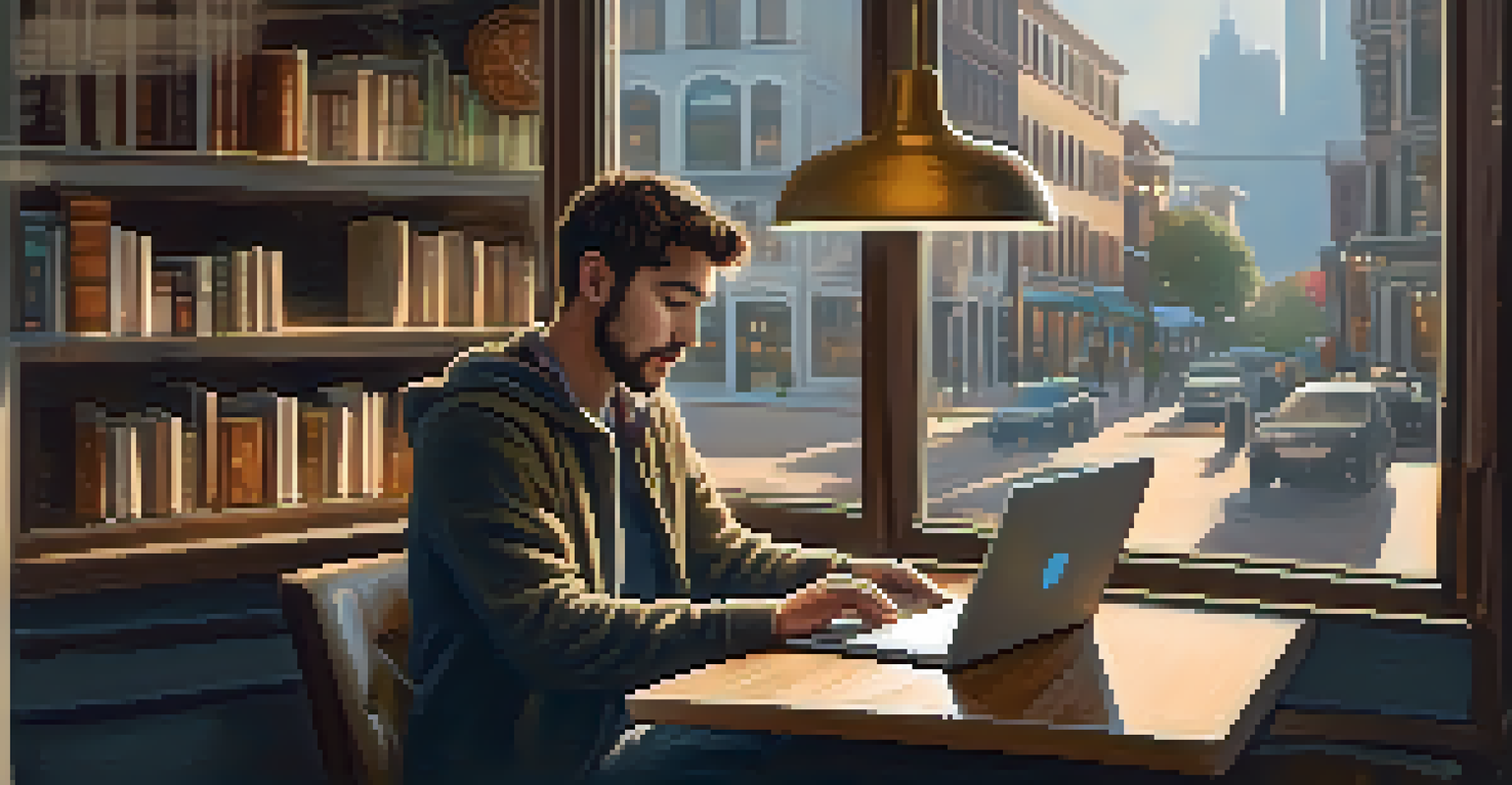 An individual focused on a laptop in a cozy coffee shop, with books and coffee, symbolizing personal branding efforts.