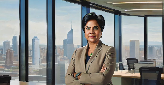 A professional portrait of Indra Nooyi standing confidently in an office with a city skyline view.