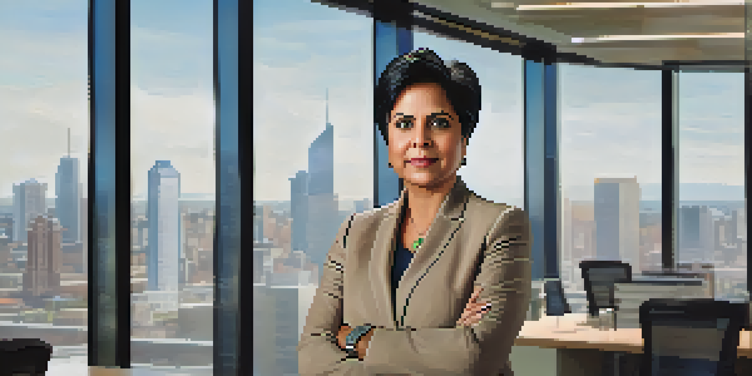 A professional portrait of Indra Nooyi standing confidently in an office with a city skyline view.