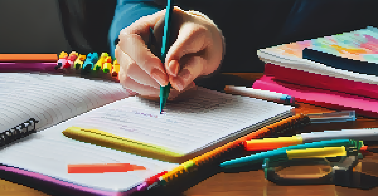 A hand writing in a planner with colorful pens around, showing organized goals and to-do lists under a desk lamp.
