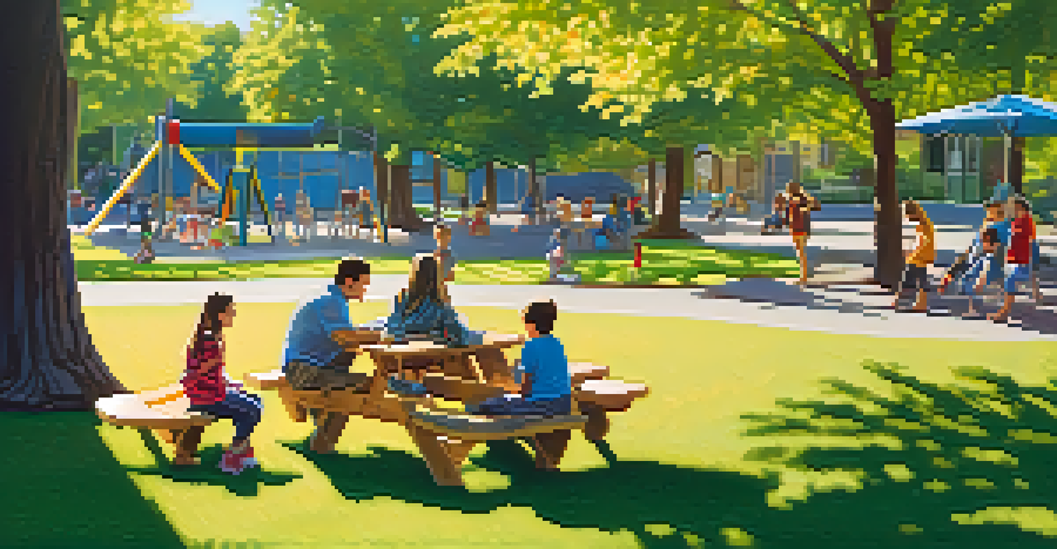 A lively community park scene with parents talking and children playing, filled with sunlight and greenery.