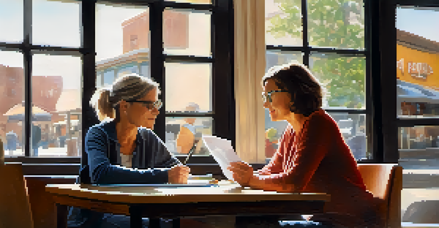 A mentor and mentee having a discussion at a coffee shop, with the mentor sharing advice and the mentee taking notes.