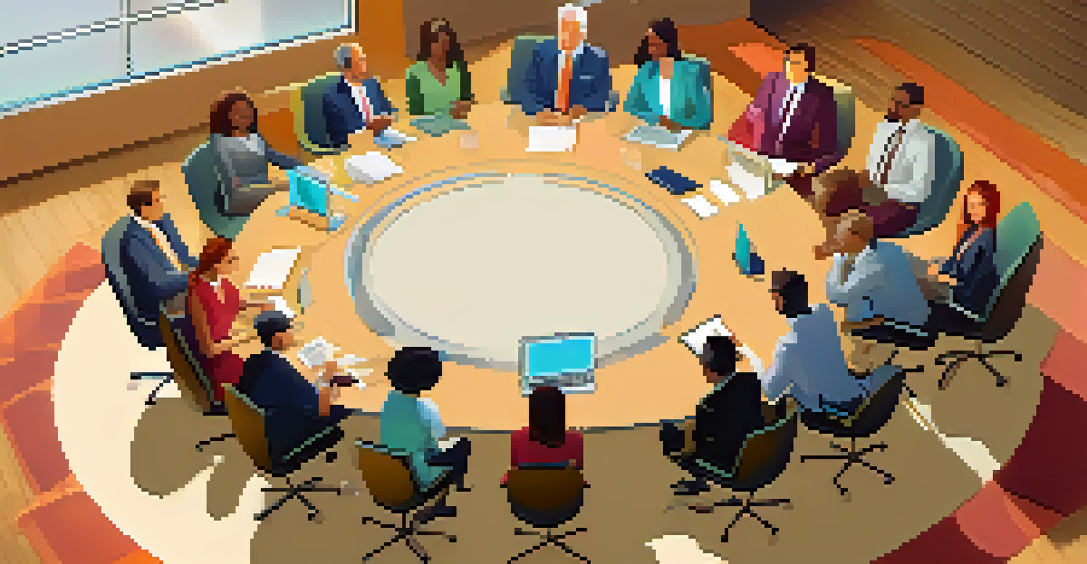 Aerial view of a diverse team seated around a round conference table discussing ideas with charts and laptops.