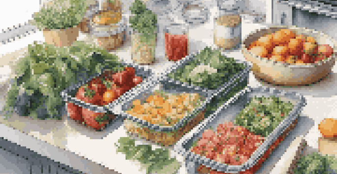 A kitchen counter displaying an array of meal prep containers filled with colorful salads, whole grain wraps, and fresh fruits and vegetables under soft natural light.