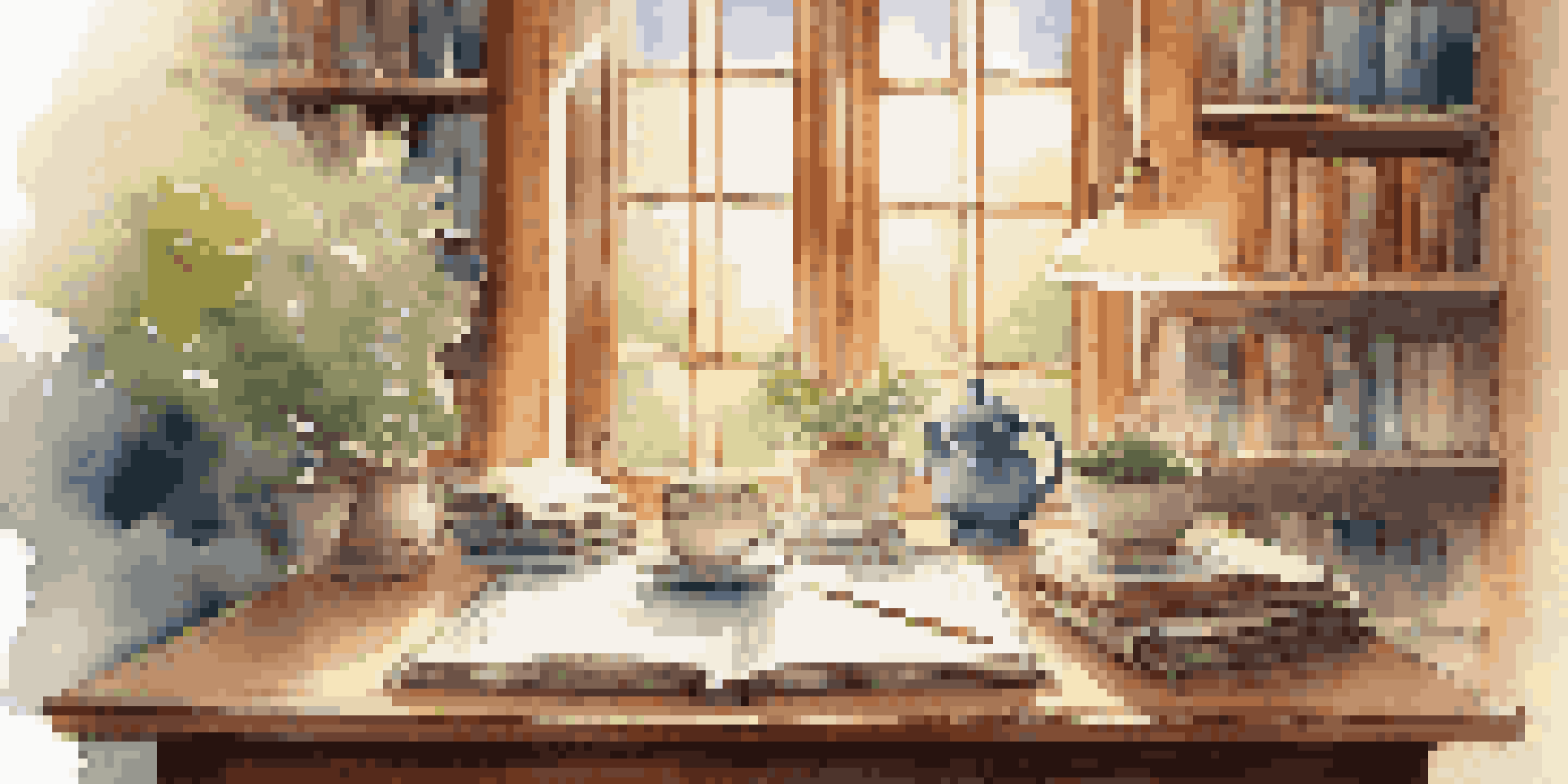 A cozy study room with books, a notebook, and a cup of tea, illuminated by warm light.