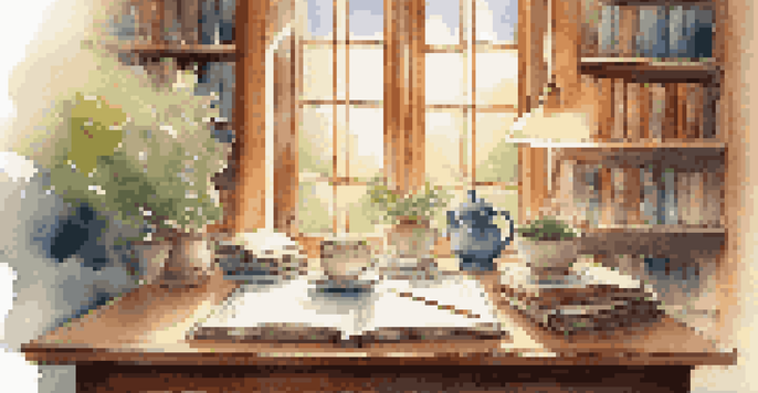 A cozy study room with books, a notebook, and a cup of tea, illuminated by warm light.