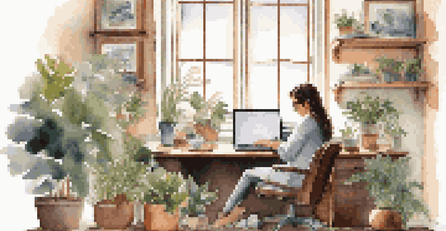 An individual working remotely in a cozy home office, with plants and personal decor, using a laptop and enjoying coffee.