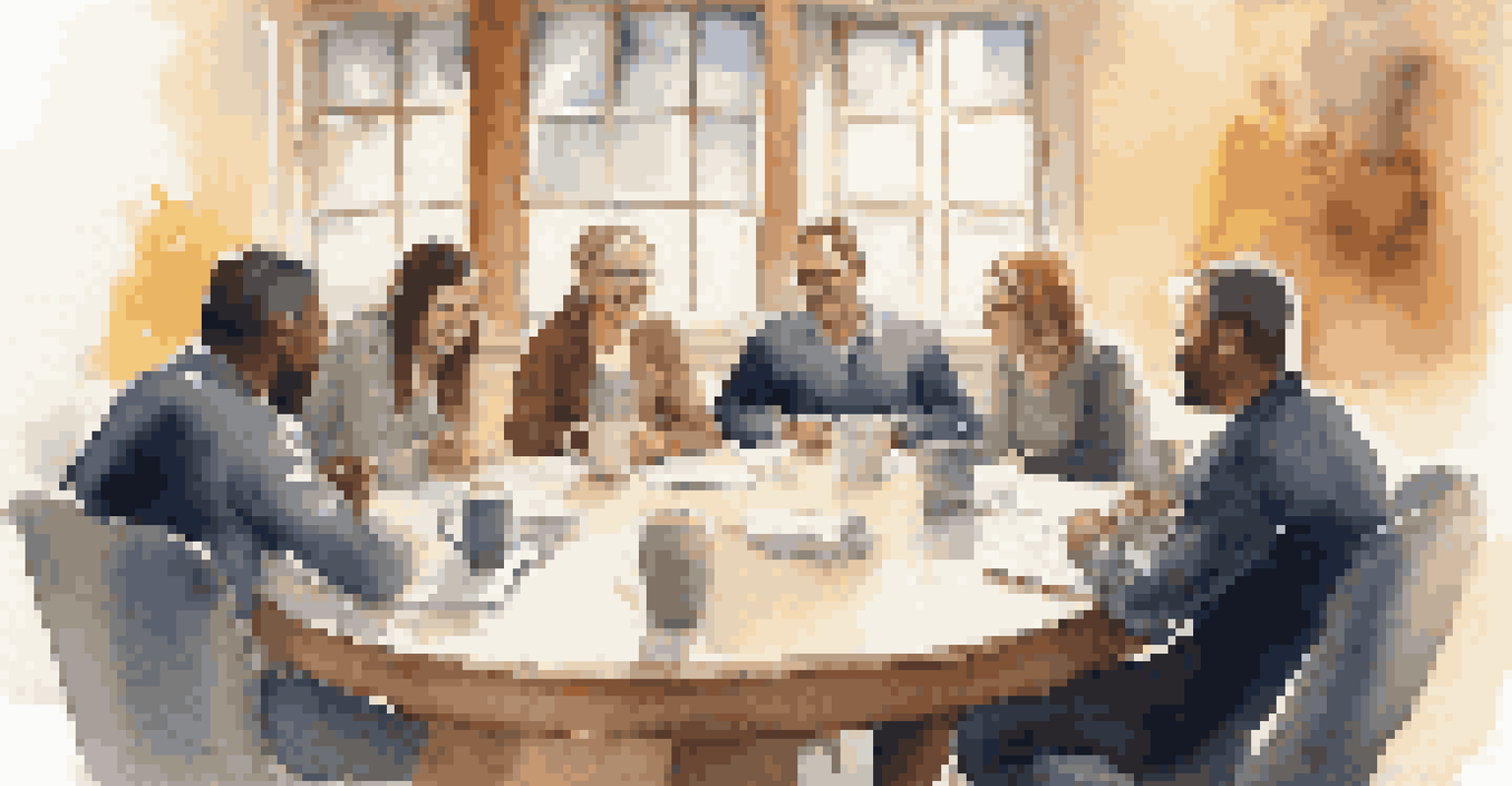 A leader sharing stories with team members at a round table, with a cozy atmosphere and expressions of enthusiasm.