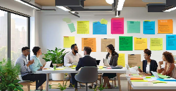 A bright office space where diverse employees are collaborating around a table filled with sticky notes and laptops, surrounded by motivational posters and plants.