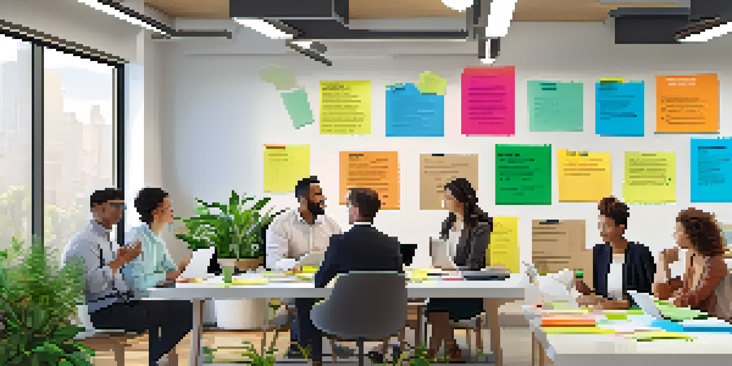 A bright office space where diverse employees are collaborating around a table filled with sticky notes and laptops, surrounded by motivational posters and plants.