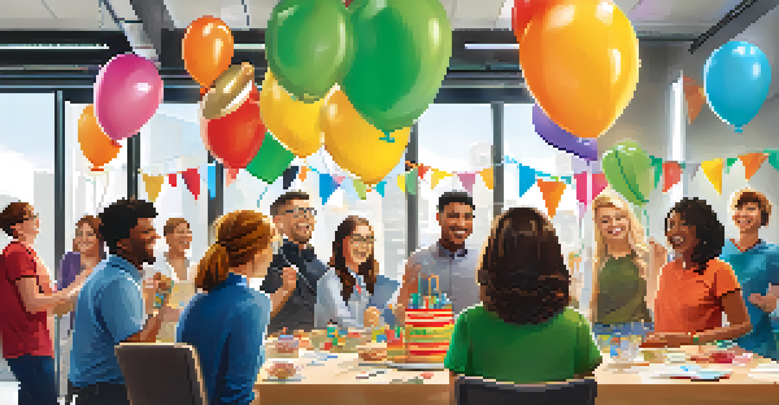 Employees celebrating diversity with balloons and a cake in a vibrant office setting, showcasing teamwork and joy.