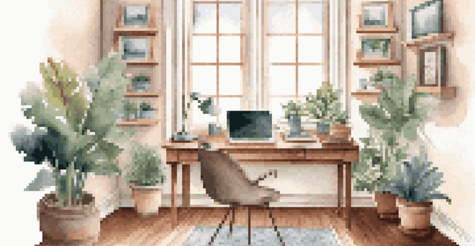 A peaceful home office with a wooden desk, laptop, houseplants, and family photo, showcasing a balance between work and family.