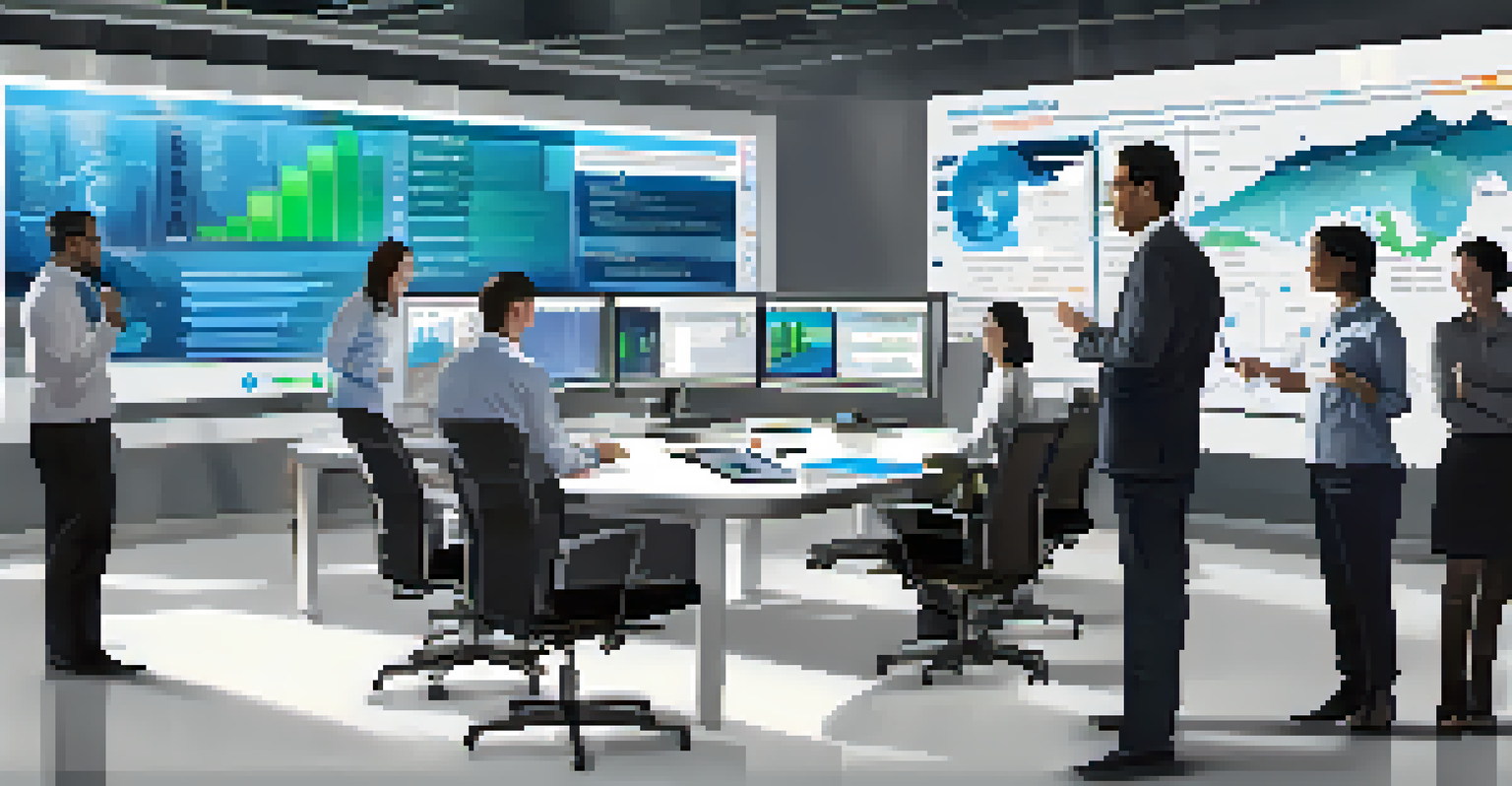 A digital dashboard showcasing innovation metrics and KPIs, with employees analyzing data in a high-tech conference room.