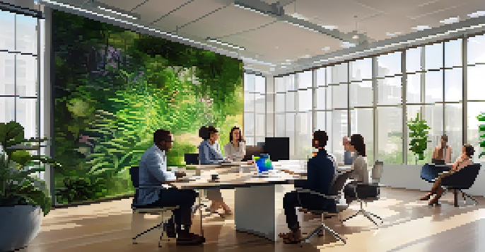 A group of diverse professionals collaborating in a modern, well-lit office meeting room filled with natural light and greenery.