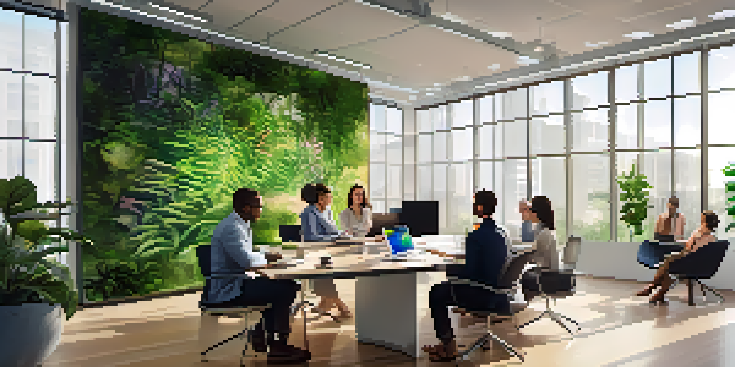 A group of diverse professionals collaborating in a modern, well-lit office meeting room filled with natural light and greenery.