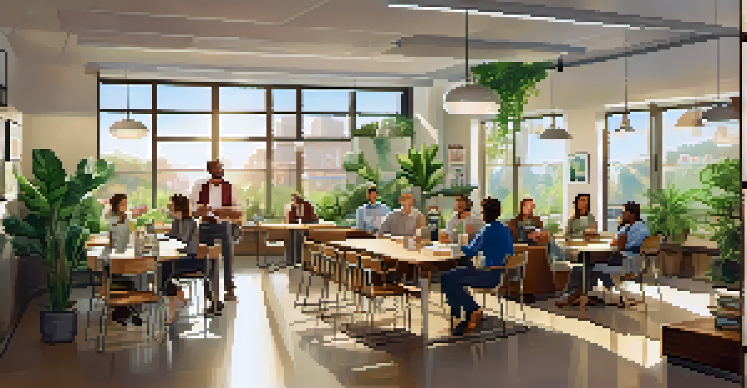 A cozy office break room where employees are enjoying coffee and chatting together.