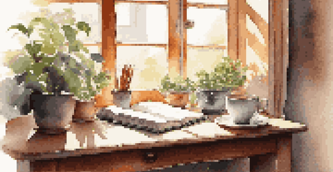 A cozy workspace with a wooden desk, an open journal, a steaming cup of tea, and a potted plant, illuminated by warm sunlight from a window.