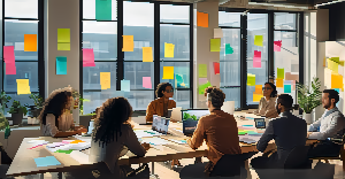 A diverse group of professionals collaborating in a bright, modern meeting room with colorful sticky notes and laptops.