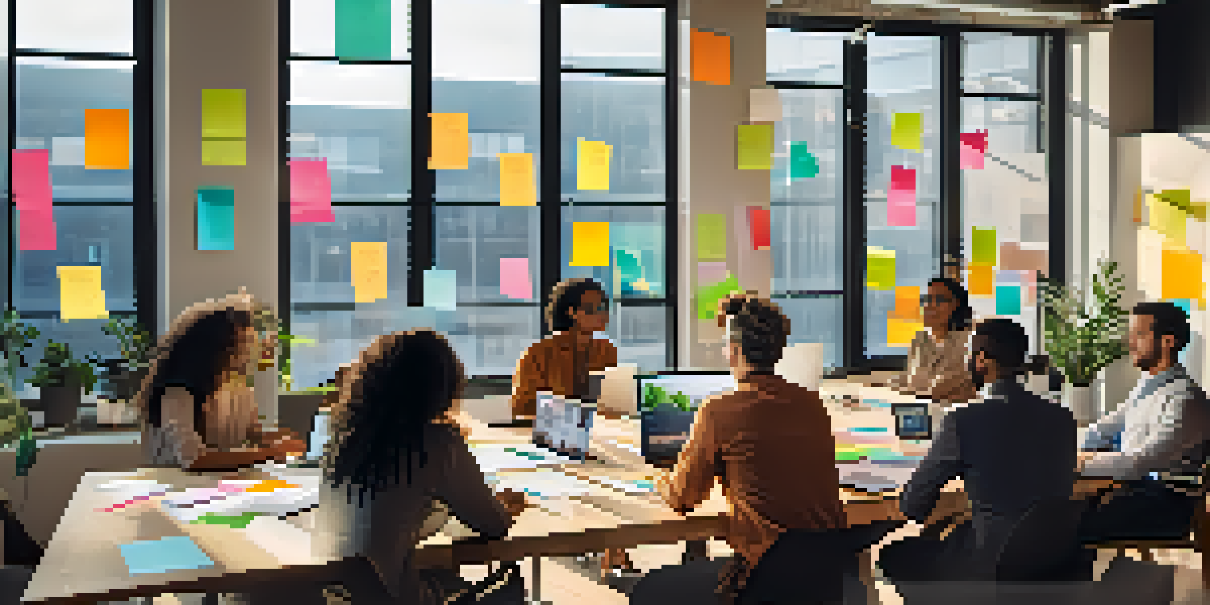 A diverse group of professionals collaborating in a bright, modern meeting room with colorful sticky notes and laptops.