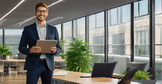 A confident professional in a bright office, holding a laptop and smiling, representing personal branding.