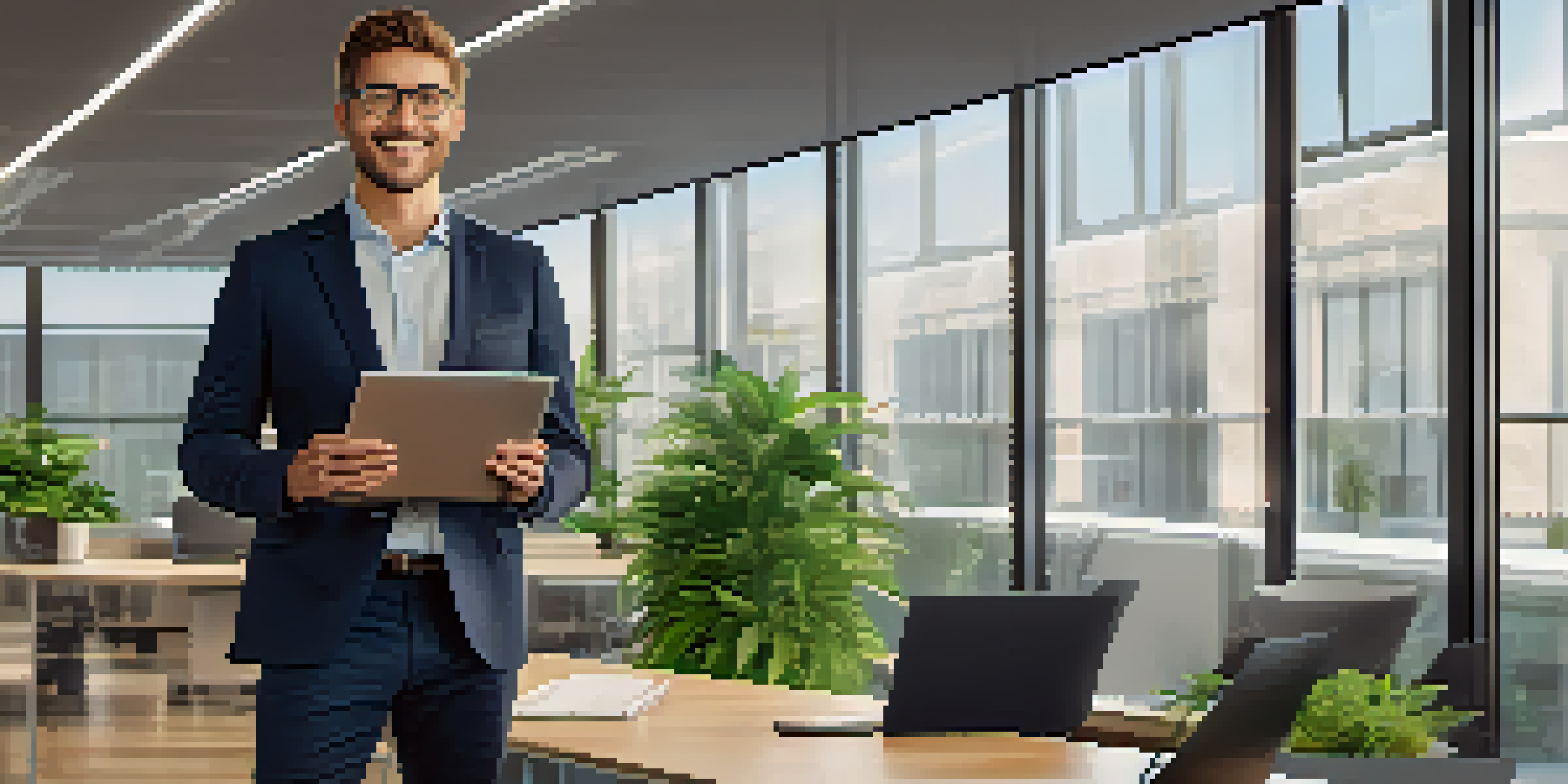 A confident professional in a bright office, holding a laptop and smiling, representing personal branding.