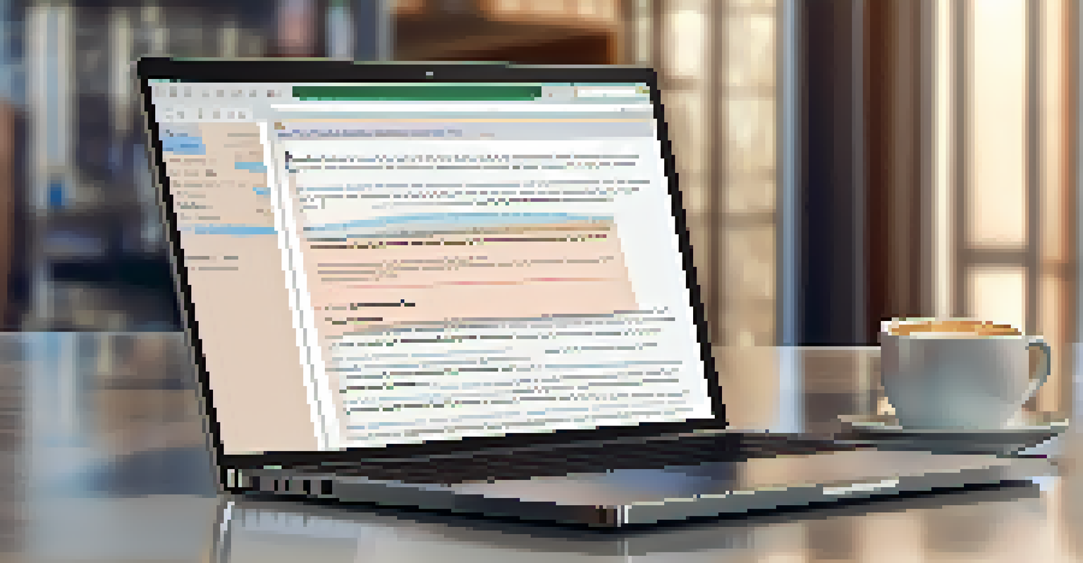 A close-up of a laptop screen showing a clear email draft with bullet points, set against a softly blurred background with a cup of coffee.