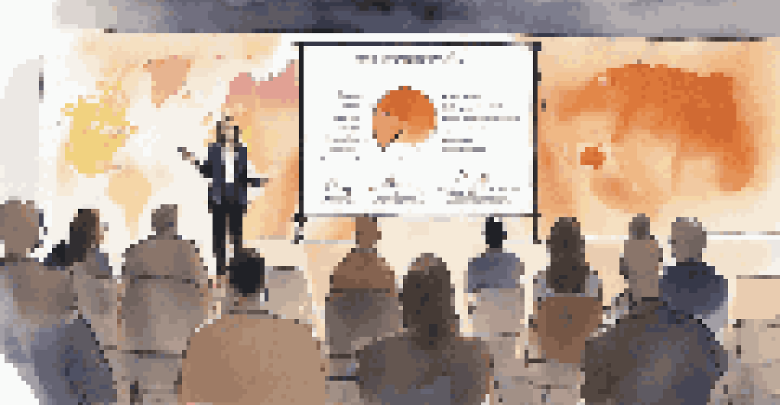 A confident speaker presenting on stage with an audience, a screen showing graphs in the background.