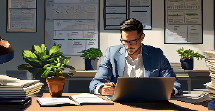 A professional working at a desk, researching a new industry with notebooks and a laptop, in a warmly lit room with plants and motivational quotes.