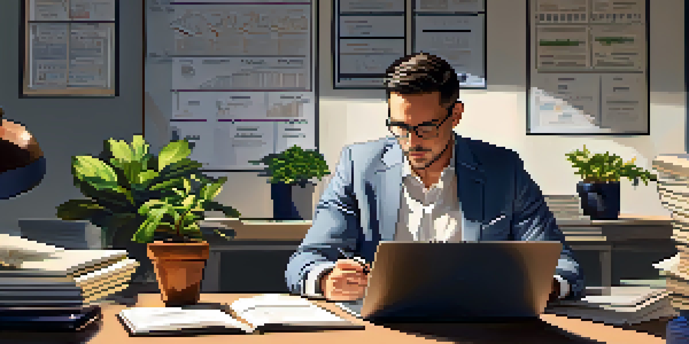 A professional working at a desk, researching a new industry with notebooks and a laptop, in a warmly lit room with plants and motivational quotes.