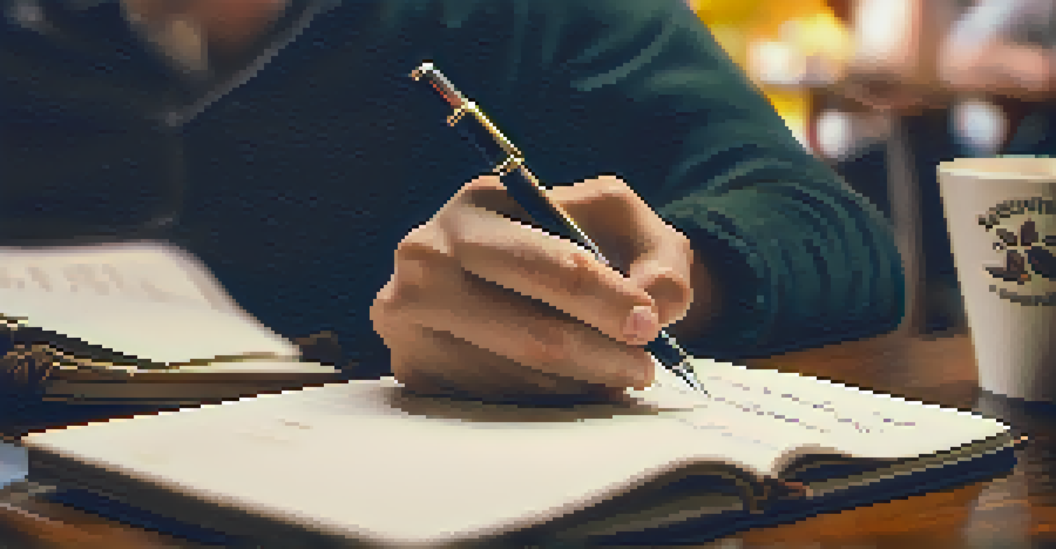 A close-up of hands writing in a notebook with a steaming cup of coffee in a cozy coffee shop.