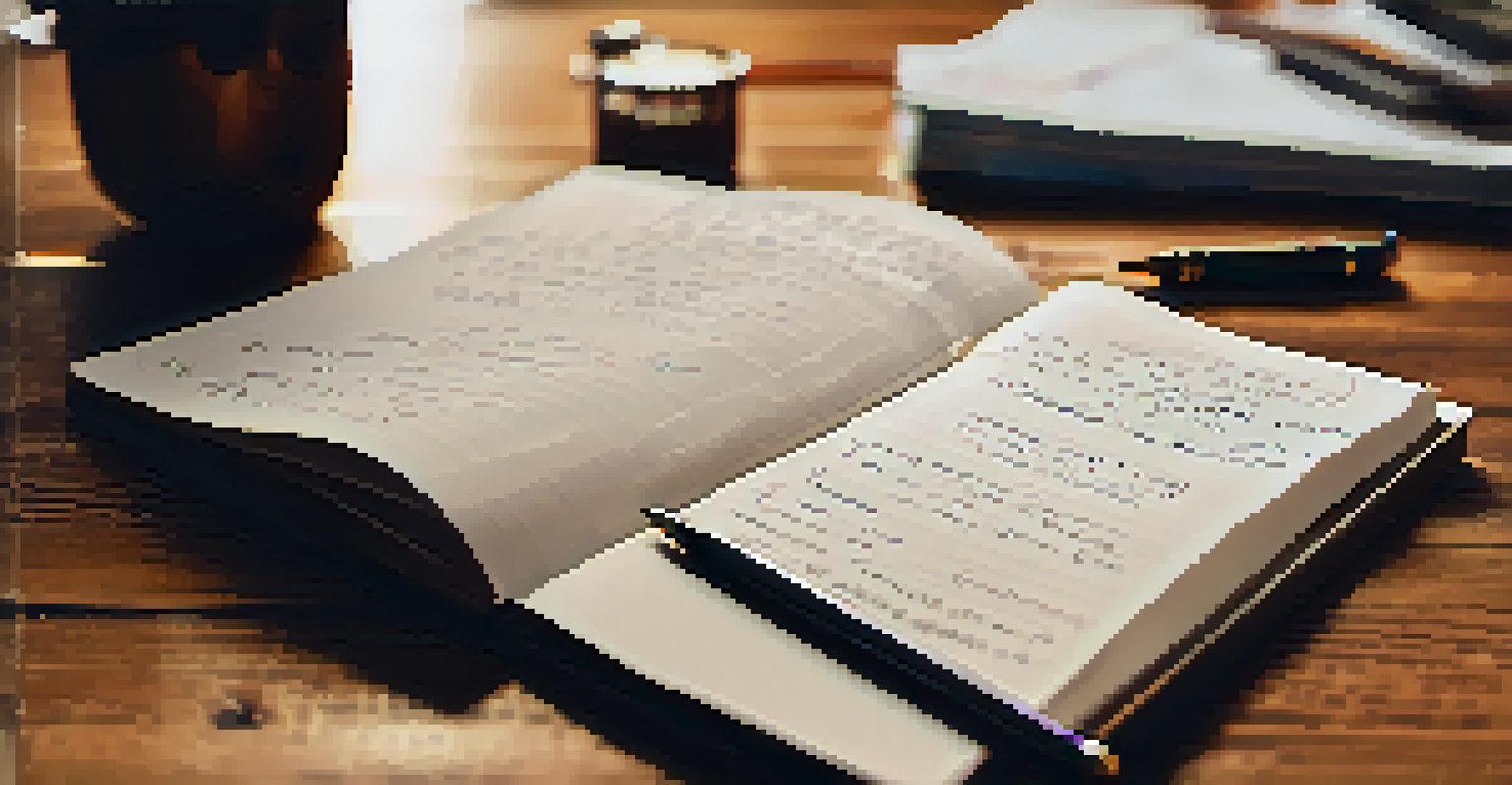 An open notebook with handwritten notes and a pen, with a blurred person working on a laptop in the background, representing goal setting.