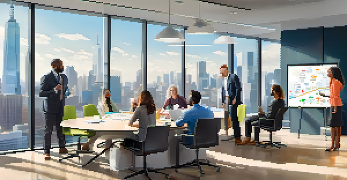 A diverse group of professionals working together in a bright office space, discussing ideas with a whiteboard in the background.