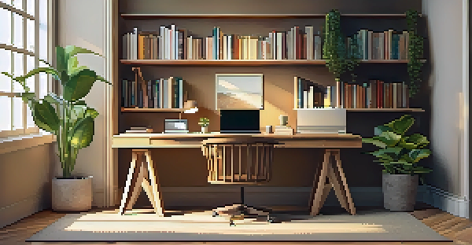 A cozy home office with a wooden desk, laptop, coffee cup, and small plant, bathed in soft natural light.